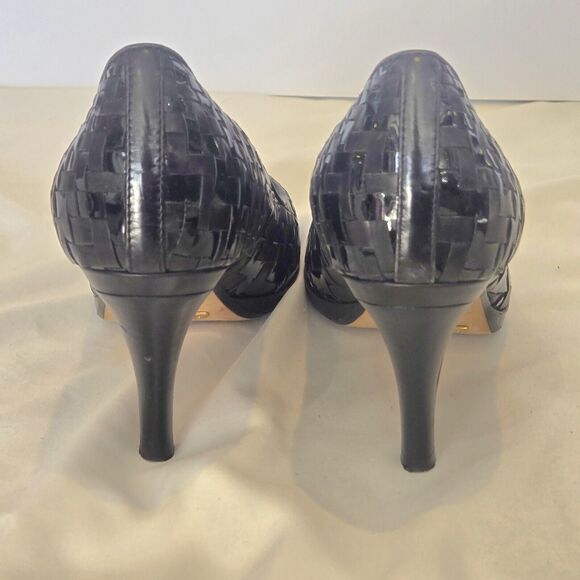 COLE HAAN Genevive Nikeair black woven leather peep toes heel shoes size 7B - Picture 6 of 7